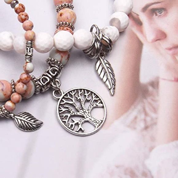 Tree of Life Turquoise Jasper & Tibetan Agate Gemstone Chakra Beaded Bracelet - Picture 4 of 5